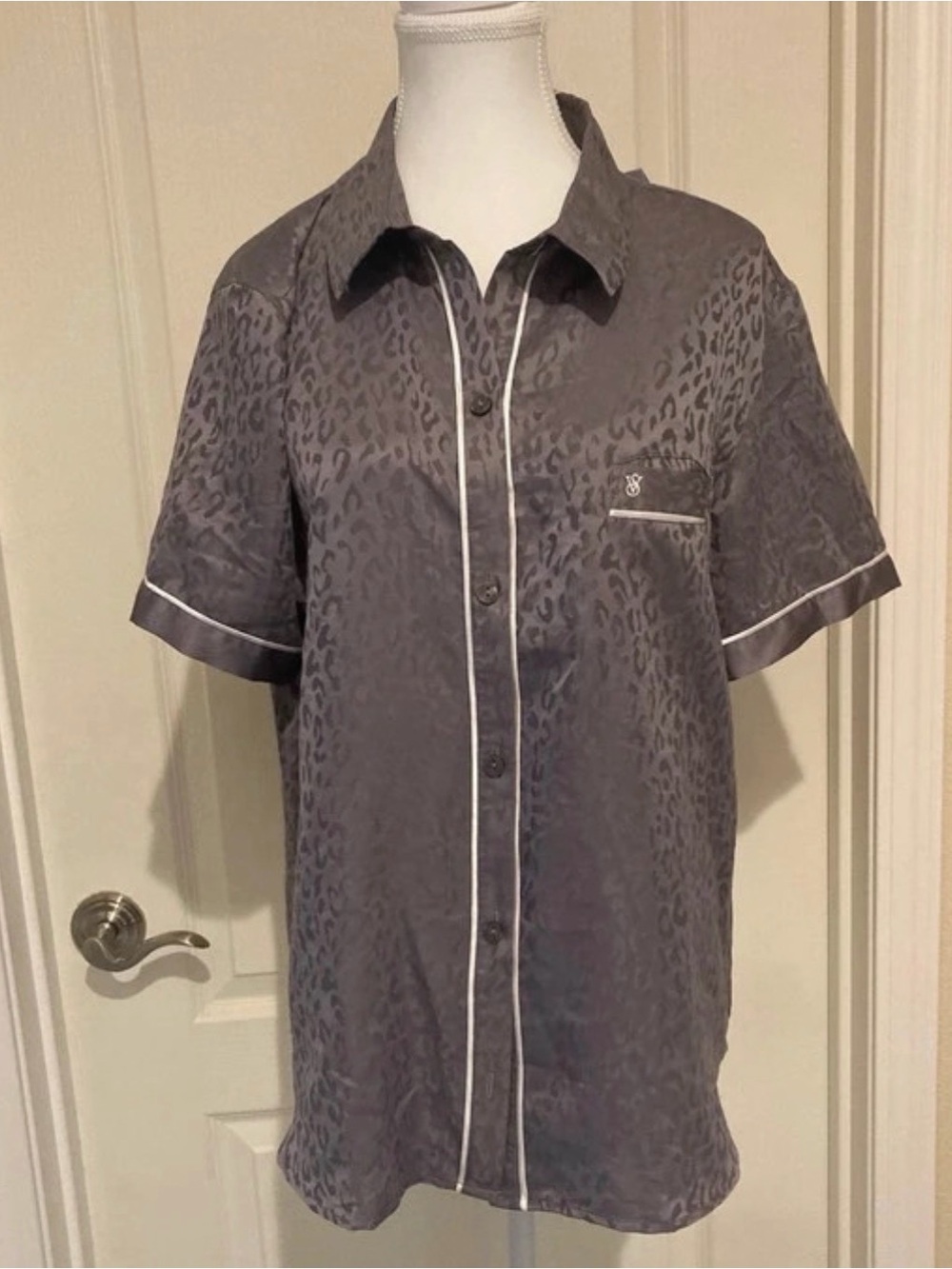 Victoria's Secret Gray Leopard Short-Sleeve Satin Pajama Top with White Piping
